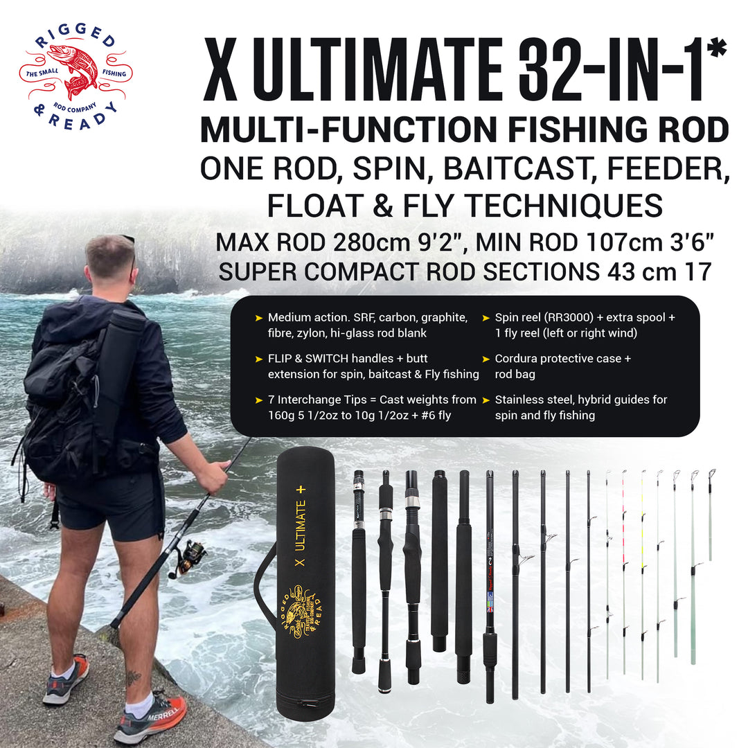 Rigged and Ready X Ultimate 25-in-1 Spin-Baitcast-Fly Travel Fishing Rod. 25+ Combinations. Compact Spin-Cast-Fly Fish Pole Packrod