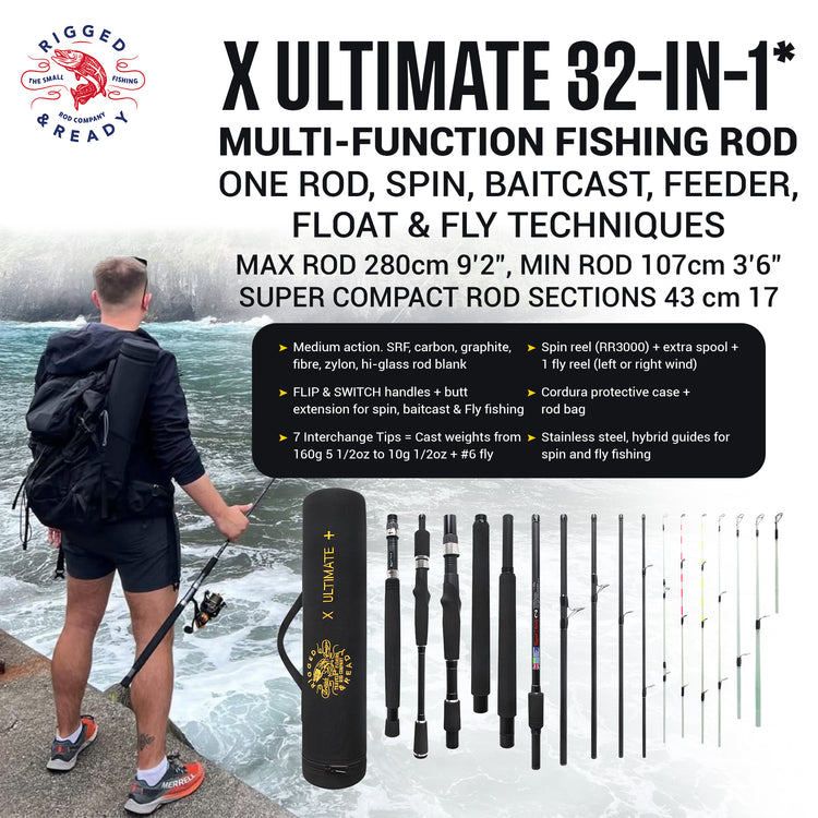 Rigged and Ready X Ultimate 25-in-1 Spin-Baitcast-Fly Travel Fishing Rod. 25+ Combinations. Compact Spin-Cast-Fly Fish Pole Packrod