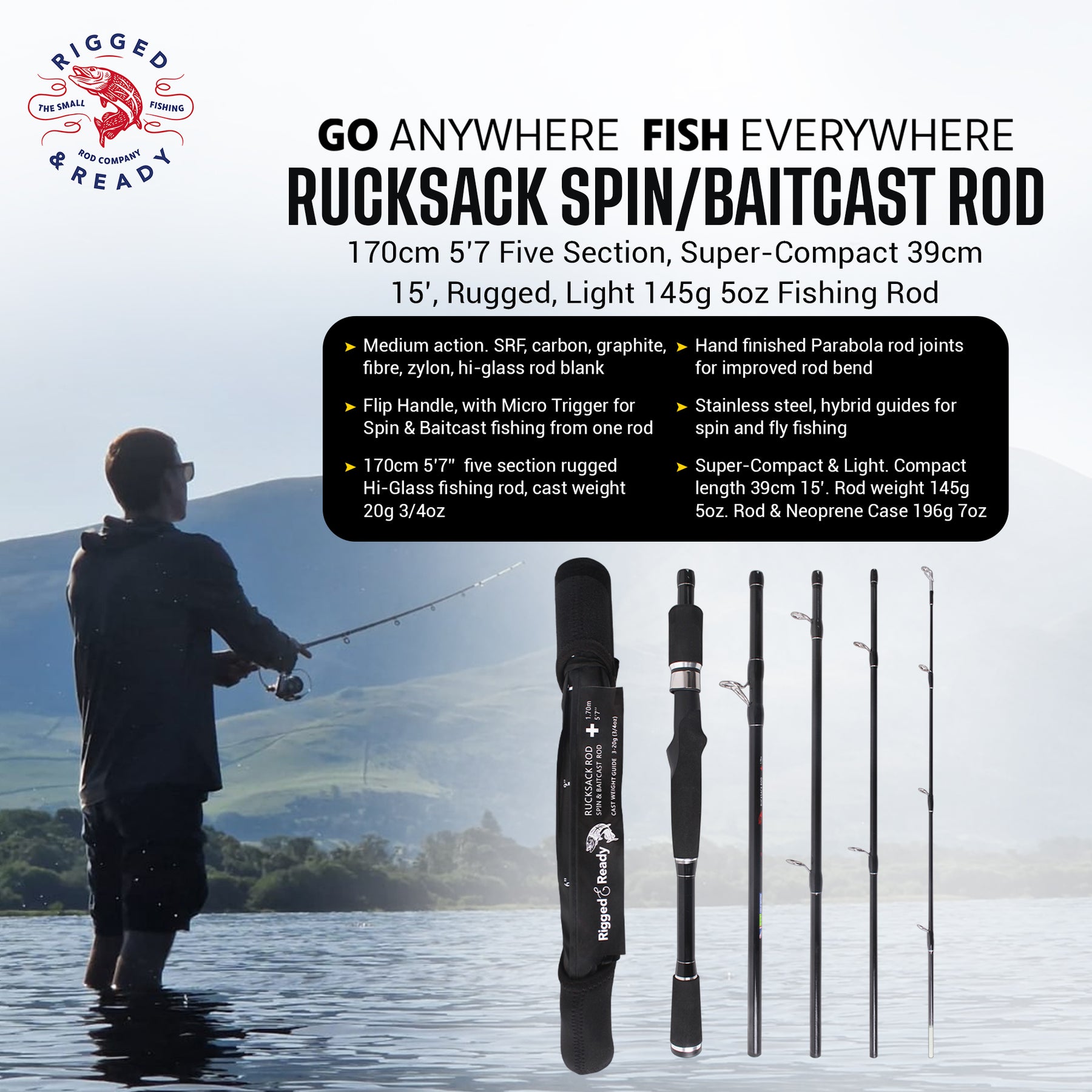 Rigged and Ready Spinning Travel Fishing Rucksack Rod 5' 6