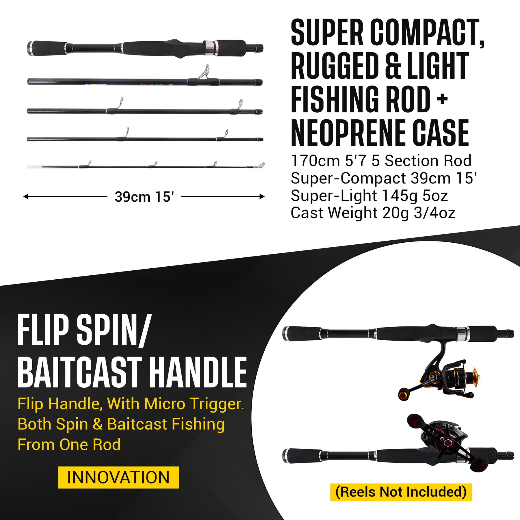 backpack baitcasting rod Rucksack Spin & Baitcasting Rod. Super-Compact 5' 7” 170cm 5 Sections