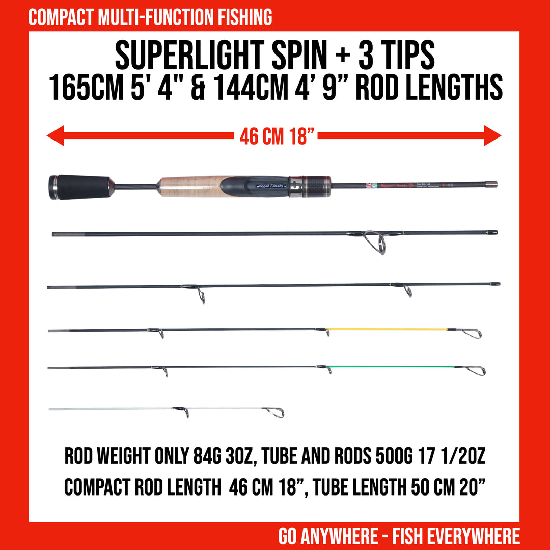 Rigged & Ready Travel Fishing Fish Rig 165. Super-Light Fishing Rod +3 Tips. 165 cm 5’4” + 144 cm 4’9” Fishing Options. 3 Cast Weights