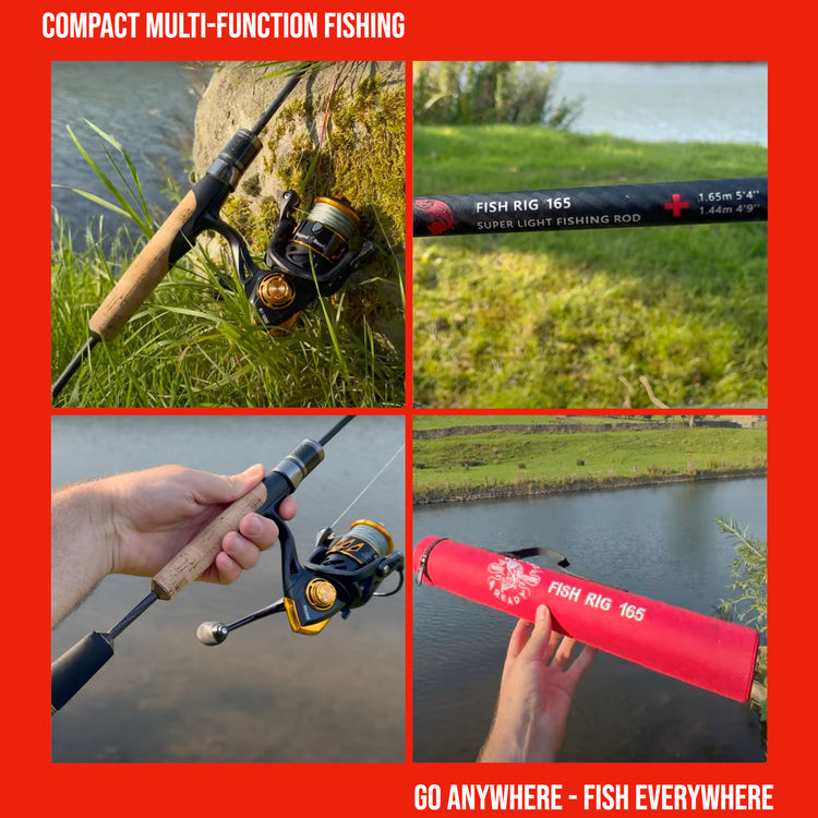 Rigged and Ready Fish Rig Super-Light Compact Travel Rods and Combo. 1 Spinning Multi-Section,1 Telescopic Rod,1 Combination,3 Tip Poles & Case Rigged and Ready Fish Rig Super-Light Compact Travel Rods and Combo. 1 Spinning Multi-Section,1 Telescopic Rod,1 Combination,3 Tip Poles & Case