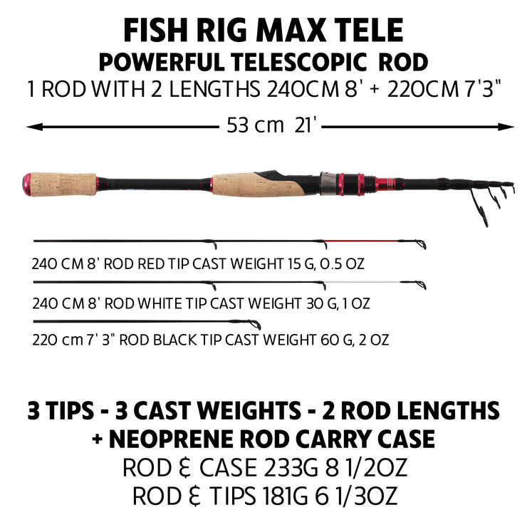 8 1 2 telescopic fishing rod Fish Rig Max Cast-Spin Tele Rod 240 & 210cm Options + 3 Tips