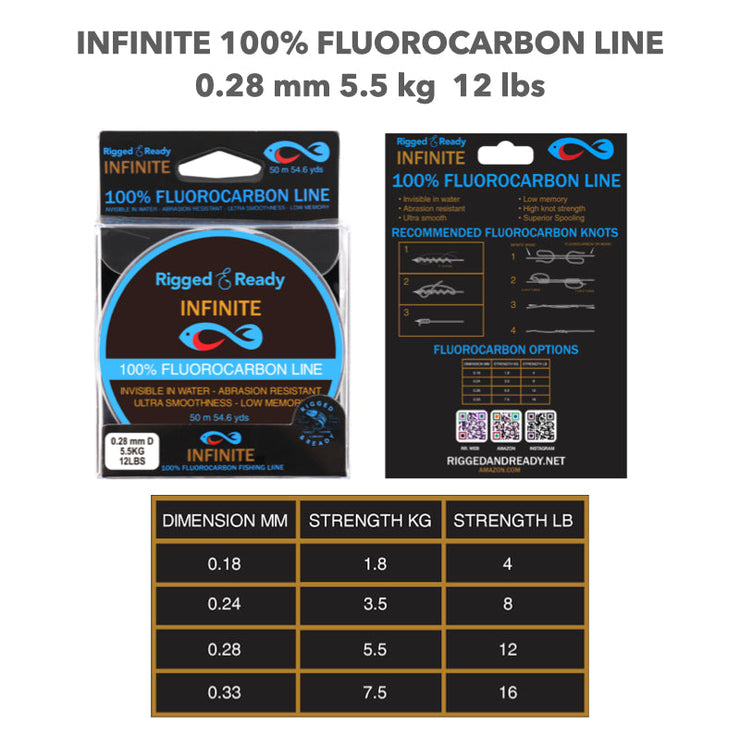 Infinite Fluorocarbon 12 lb - 5.5 kg 100% Fluorocarbon fishing line leader. 50m. Virtually invisible for more bites and fish