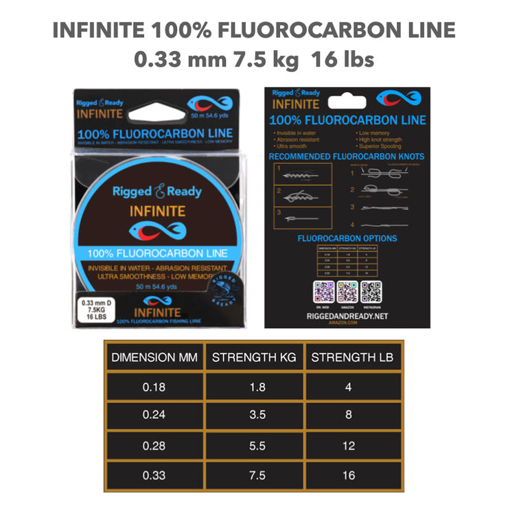 Infinite Fluorocarbon 16 lb - 7.5 kg 100% Fluorocarbon  fishing line leader. 50m. Virtually invisible for more bites and fish