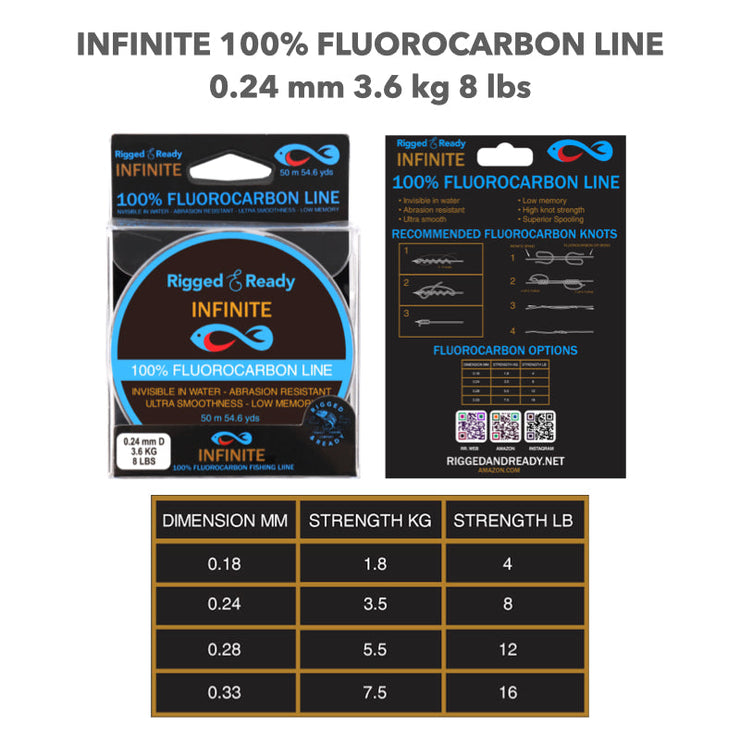 Infinite Fluorocarbon 8 lb - 3.6 kg 100% Fluorocarbon fishing line leader. 50m. Virtually invisible for more bites and fish