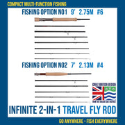 2-IN-1 Travel Fly Rod. 2 Handles. Hi-Modulus Carbon 8 Sections 9ft #6 + 7ft #4