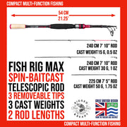 Fish Rig Max.Spin Telescopic Multi-Functional rod 240 & 210cm options + 3 tips