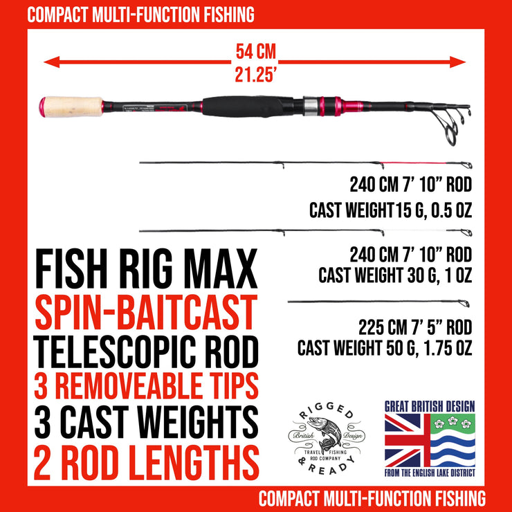 Fish Rig Max.Spin Telescopic Multi-Functional rod 240 & 210cm options + 3 tips