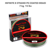 Infinite Braid 7 kg - 15 lb Hi-Performance Braided PE Line. 200 m 8 strand low diameter super strong