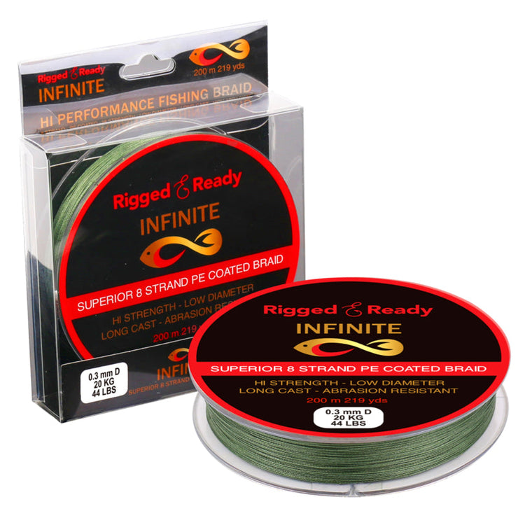 Infinite Braid 20 kg - 44 lb Hi-Performance Braided PE Line. 200 m 8 strand low diameter super strong