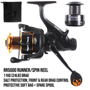 Rigged and Ready S Mid Rod & Reel Combination. Powerful Carp, Predator and Light Sea rod + 2 tips + Case. 320 cm (10.5’) + 270 cm (8.85’) options + RR5000 fishing running/spin reel + spare spool