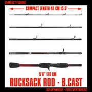 Rucksack Baitcast Travel Fishing Rod 5' 6" 170 cm. Compact Length 15.5’ 40 cm. Max Cast W 20g