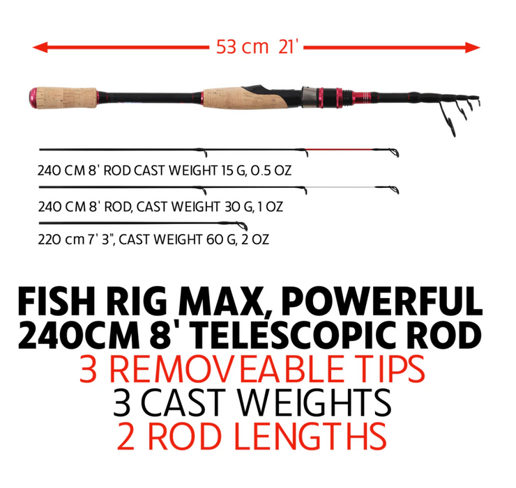 Fish Rig Max. Powerful Spin Telescopic Multi-Functional Rod 240 & 210cm options + 3 tips