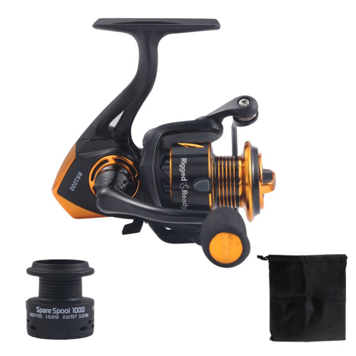Rigged And Rigged RR 1000 spin reel. Smooth Strong Durable Salt protected. 4+1 bearing. Spare spool + bag Rigged And Rigged RR 1000 spin reel. Smooth Strong Durable Salt protected. 4+1 bearing. Spare spool + bag