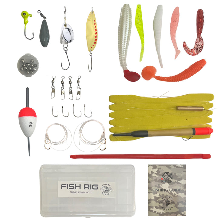 Travel Fishing Tackle Box + Tackle. 30 Essential Angling Items + Fishing Guide